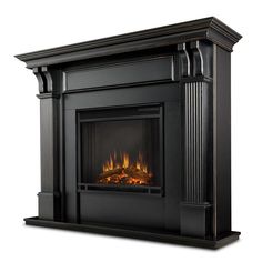 a black fireplace with flames in it