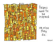 an orange and yellow painting with words on it that say teams need to be inspired or else they die