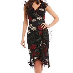 Another Fab Christmas Party Dress By Gianni Bini Carolyn Floral Embroidered Ruffle Dress, Beautiful Detailed Fabric. Crimson Red And White Roses Embroidered On Black Fabric. Fitted Floral Embroidery Dress For Holiday, Black V-neck Holiday Dress, Black V-neck Dress For Holiday, Elegant Black Holiday Dress, Black Sleeveless Holiday Dress, Elegant Floral Print Holiday Dresses, Elegant Holiday Dresses With Floral Print, Fitted Black Dress For Holiday, Red And White Roses