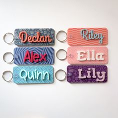 Add a pop of personality to that backpack, lunch box, or any bag with these laser-cut, personalized name keychains. They're an ideal back-to-school gift for kids and the perfect accessory when there are matching backpacks in the home or classroom. MATERIALS & DIMENSIONS Acrylic key fob Metal keyring with plastic clip 1.5" x 3.5" not including ring NOTE All items are handmade so customization may be possible. Please reach out if you have questions. PACKAGING & SHIPPING Items are handmade and read Fun Rectangular Keychains For Gifts, Matching Backpacks, Name Tag Keychain, Name Keychains, Chain Ideas, Acrylic Ideas, Classroom Materials, Monday December, Plastic Clips