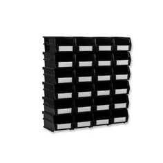 a black and white wall mounted storage unit with plastic bins on each side,