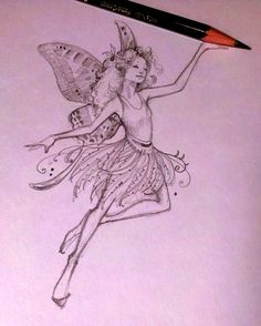 a pencil drawing of a fairy holding a butterfly