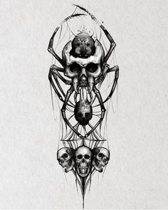 a black and white drawing of a spider with three skulls on it's back