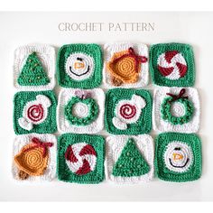 crochet christmas coasters are arranged in squares