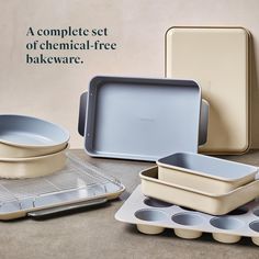 an advertisement for bakeware is shown with baking pans and trays on the table