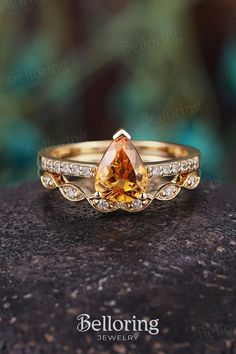 #pearshapedring #imperialtopazring #diamondring #engagementring #ringset #birdalset #yellowgoldring #uniquering Imperial Topaz Ring, Pave Wedding Band, Citrine Engagement Ring, Citrine Ring Engagement, Pave Wedding Bands, Pear Shaped Ring, Promise Ring Set, Imperial Topaz, Diamond Engagement Ring Set