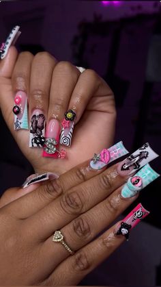 Long Curved Duck Nails, Curved Junk Nails, Long Nail Freestyle, Long Duck Nails Acrylic Y2k, Kawaii Freestyle Nails, Fye Nails, Weak Nails, Junk Nails