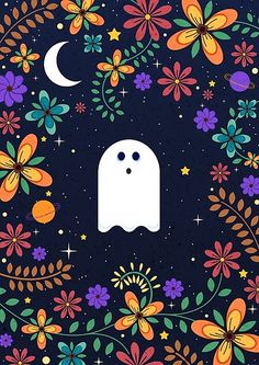 a white ghost surrounded by flowers and stars