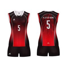 the front and back of a volleyball uniform with numbers 5 on it, which is red and black