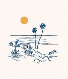 a drawing of two palm trees in front of the ocean with a house on it