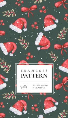 seamless christmas pattern with santa hats and holly berries on a dark green background for the holiday season