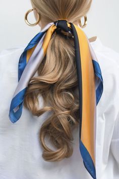 #ponytail #scarf #hair #curls #blonde #haircut #haircolour #blondehair #haircurls #hairinspiration #hairstyle #hairgoals 4 Braids Hairstyle, Evening Hairstyles, A Ponytail, Printed Scarf, About Hair, Scarf Hairstyles, Hair Designs