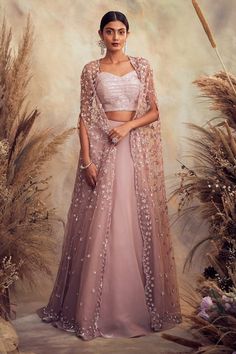 Buy Purple Organza And Net Embroidery Pearl Sweetheart Neck Cape Lehenga Set For Women by Niamh By Kriti Online at Aza Fashions.