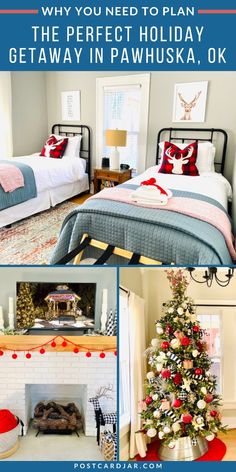 two beds and a christmas tree in a bedroom with text overlay that reads, why you need to plan the perfect holiday getaway in pawhuska ok