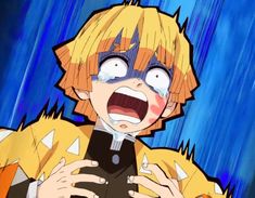 an anime character holding a cell phone in front of a rain soaked background with his mouth open