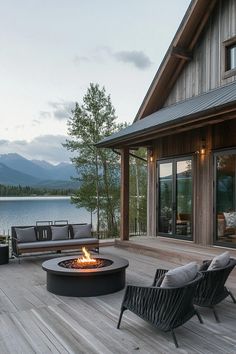 a fire pit sitting on top of a wooden deck