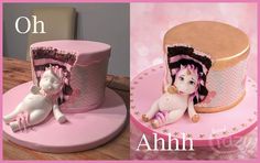 there is a pink cake with a white horse on the top and an image of a cupcake in the middle