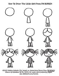 Coloring and activity sheets from the illustrator, Debbie Ohi Easy People Drawings, Diy Step, Cartoon Drawings Of People, Draw Cartoon, Stick Figure Drawing, Kids Painting, Drawing Step