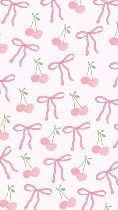 pink cherries with green leaves and ribbons on a white background seamless wallpaper