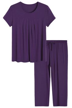 PRICES MAY VARY. 95% Viscose made from bamboo, 5% Spandex. Soft, stretchy, lightweight and breathable Graceful, casual and easeful pajamas set Tops features scoop neck, short sleeves, pleated front Capri pants with 2 side pockets, elastic waistband, adjustable drawstring Machine wash cold gentle, do no bleach, iron low heat, do not dryclean, do not tumble dry 90s Pajamas, Cotton Pajama Set Women, Pjs Set, Cotton Pajamas Women, Womens Pajamas, Satin Sleepwear, Comfortable Pajamas, Bamboo Pajamas, Pleated Tops