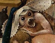 a close up of a painting with an animal on it's face and other animals in the background