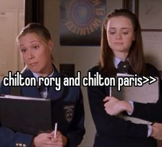 two girls in school uniforms holding notebooks with the words chillton row and chitton pars