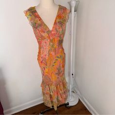 Smoke Pet Free Home! This Beautiful Dress Is In Brand New Condition! Absolutely Stunning!! Pics Don’t Do Justice ! + Ralph Lauren Black Label - Vintage + 100% Silk Dress + Halter Style + Orange / Pink / Yellow / Blue / Green + Paisley / Floral Pattern + Ruffle Detailing + Size 10 + Orange Slip Fitted Midi Dress With Paisley Print For Vacation, Fitted Paisley Print Midi Dress For Beach, Multicolor Fitted Midi Dress With Paisley Print, Yellow Paisley Print Spring Dress, Business Professional Women, Business Professional Dress, Long Sleeve Jersey Dress, Amanda Uprichard Dress, Flair Dress