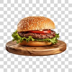 a hamburger with lettuce and tomato on a cutting board png clipart