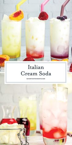 italian ice cream sodas with strawberries and raspberries in them