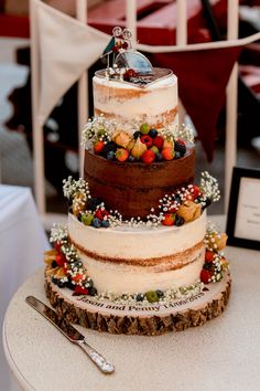 a three tiered cake sitting on top of a table