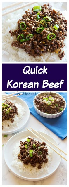 an image of korean beef on rice with chopsticks in the foreground and text overlay that reads quick korean beef