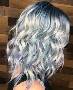 Pastel Blue And Blonde Hair, Fun Winter Hair Colors For Blondes, Blue And Silver Hair Color, White Hair With Colored Tips, Fun Summer Hair Colors, White Hair With Blue Highlights, Silver Blue Highlights, Periwinkle Highlights, Blonde With Blue Highlights