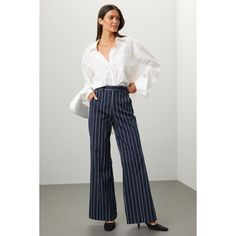 Blue stripe cotton blend (76% Polyamide, 24% Cotton). Pants. Front zipper fly with button closure. 28" inseam. 10" rise. 12" leg opening. Made in the USA of imported fabric. Business Casual Summer, Shower Outfits, Business Casual Work, Rosie Assoulin, Denim Crafts, Summer Denim, Skirt Jumpsuit, Rent The Runway, Weekend Style