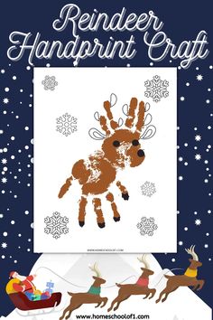 reindeer handprint craft for kids with snowflakes and sleigh in the background