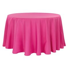 a bright pink table cloth on top of a round table with a circular skirt in the center