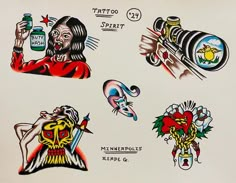 an old school tattoo flash sheet with different designs