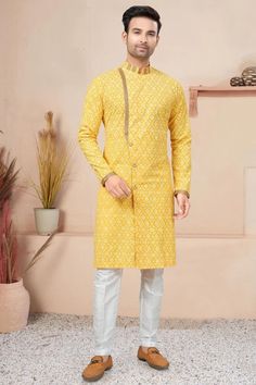 Yellow Color Cotton Fabric Printed Designer Readymade Indo Western For Cotton Bandhani Print Sets For Spring, Classic Fitted Cotton Kurta, Yellow Cotton Kurta With Printed Motifs, Yellow Printed Long Sleeve Kurta, Patterned Cotton Sets With Long Sleeves, Yellow Printed Long-sleeve Kurta, Spring Yellow Cotton Kurta, Yellow Long Sleeve Cotton Kurta, Elegant Printed Cotton Sets