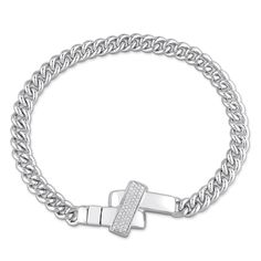 Brilliant round diamonds embellish a striking nestled clasp in this handsome men's bracelet. Sterling Silver1/3 carat round diamondsStylish high-polish curb links comprise the band to complete the lookThe 9-inch curb chain secures in place with a custom claspFrom the Y-Knot collection Mens Diamond Bracelet, Jared The Galleria Of Jewelry, White Bracelets, Knot Bracelet, Men's Bracelet, Silver Prices, Bracelet Clasps, 3 Carat, Curb Chain