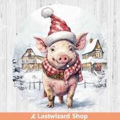 a pig wearing a santa hat and scarf in front of a snow covered wooden background