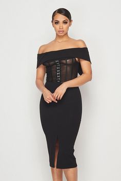 Dress like a star in this beautiful black mesh hook & eye off shoulder midi dress. Featuring an off shoulder style neckline with a bustier. Designed with a hook & eye closure for the perfect hourglass silhouette. Off shoulder neckline Hook & eye design Front slit Stretchy Fabric: 95% Polyester 5% Spandex Length: 38" Slit: 7" Off Shoulder Midi Dress, Hourglass Silhouette, Off Shoulder Fashion, Bodycon Midi Dress, Hook And Eye, Eye Design, Bodycon Midi, Midi Dress Bodycon, Hook Eye