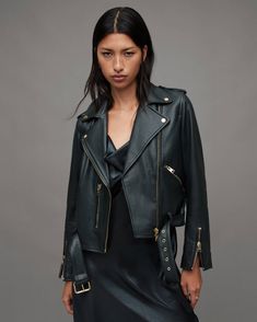 Balfern Belted Hem Leather Biker Jacket SYCAMORE GREEN | ALLSAINTS US Leather Boots Heels, Biker Leather, Lady Biker, Leather Biker Jacket, Gold Leather, All Saints, Leather Jackets, Biker Jacket, Good News