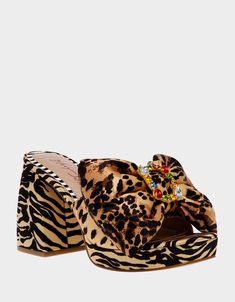 Leopard Mules, Betsey Johnson Clothes, Heels Vintage, Betsey Johnson Shoes, Spool Heel, Rhinestone Sandals, Betsey Johnson Dresses, Print Shoes