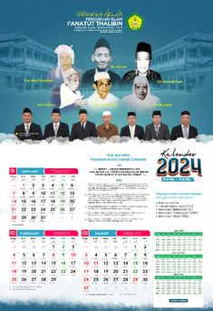 a calendar with people in suits and ties on the front, one man is wearing a headscarf