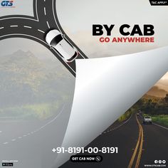 a car driving down a road with the words by cab go anywhere