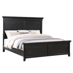 a black bed with white sheets and pillows on top of the headboard is in front of a white background