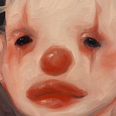 an oil painting of a child's face with red nose and white hair, wearing a black shirt