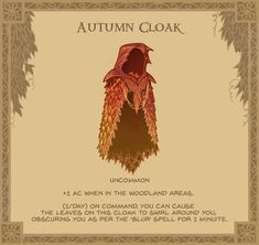 an autumn cloak with the words underneath it and some type of text below that reads, autumn cloak