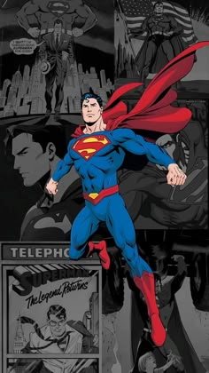 superman flying through the air with his red cape over his head and other comic characters behind him