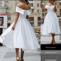 a woman in a white dress is holding a cup and looking at her cell phone