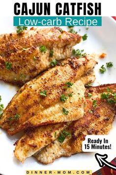 the cover of cajun catfish low - carb recipe on a white plate